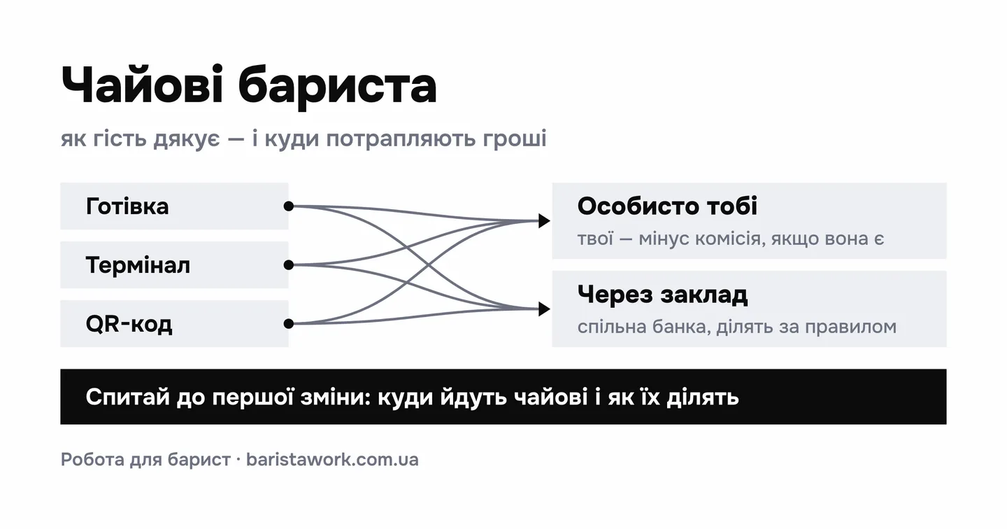 Схема: чайові готівкою, через термінал чи QR-код потрапляють або особисто бариста, або через заклад у спільну банку
