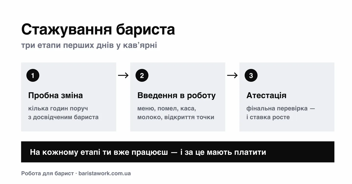 Схема: три етапи стажування бариста — пробна зміна, введення в роботу, атестація; на кожному етапі це вже оплачувана робота